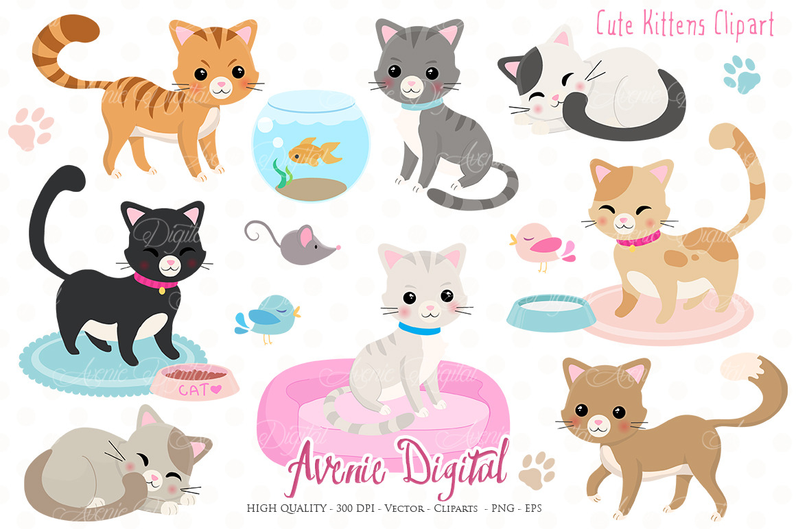 Cute Kittens Clipart + Vectors ~ Illustrations ~ Creative ...