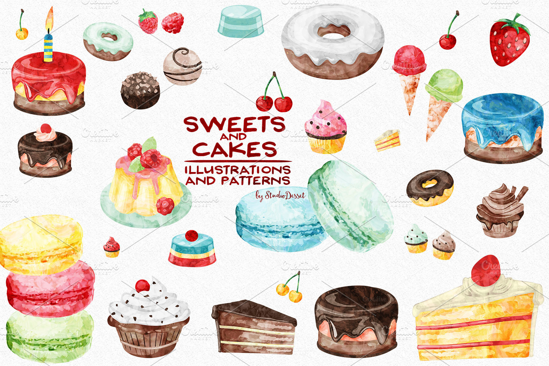 Download Sweets and Cakes - watercolor set ~ Illustrations ...