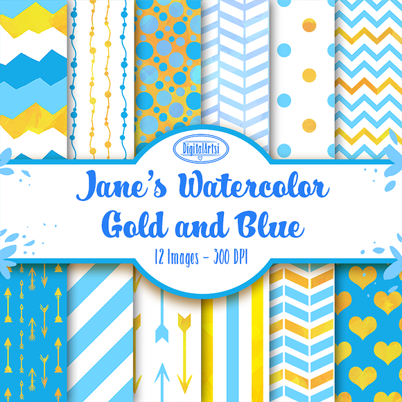 Watercolor Gold and Blue Patterns in Patterns