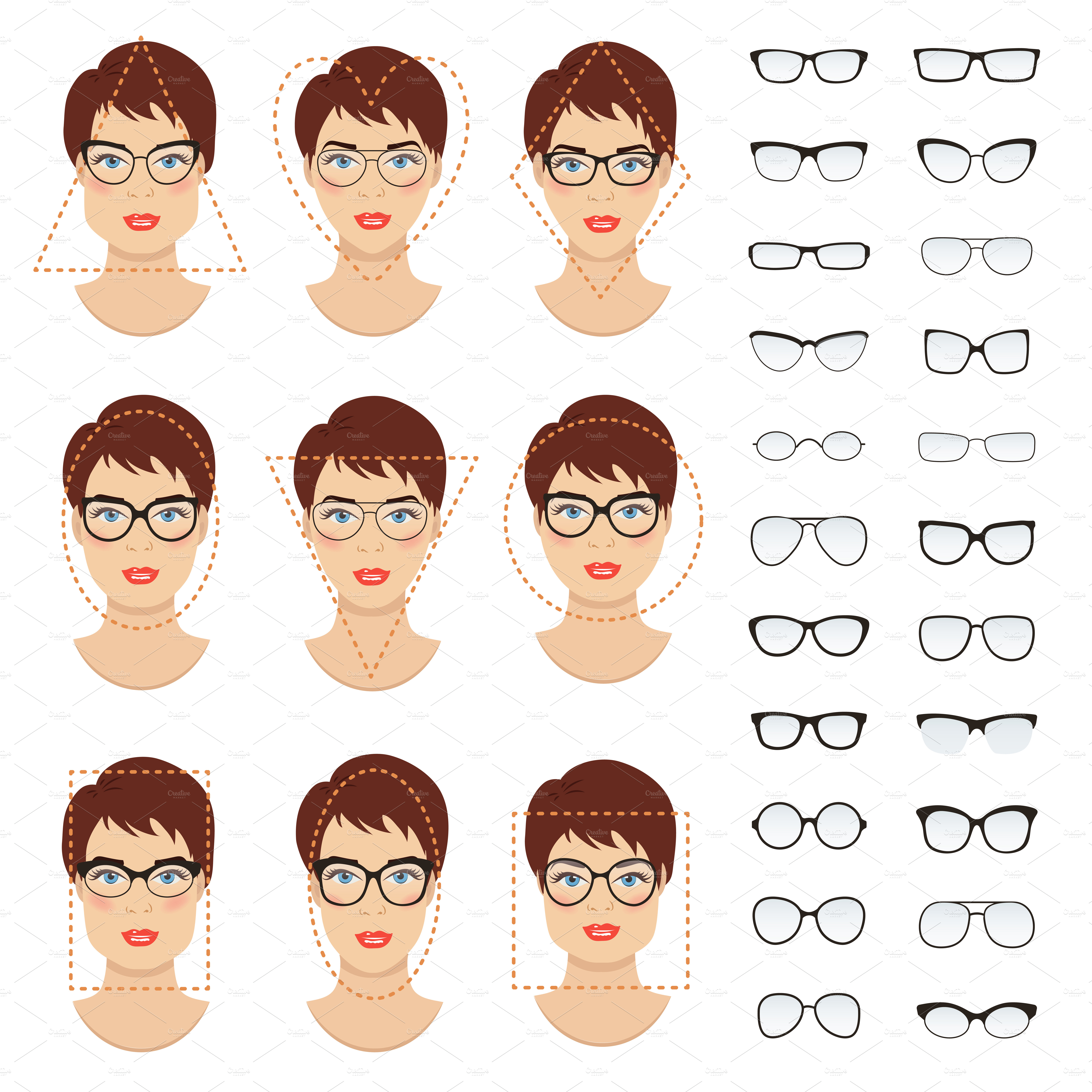 Woman glasses shapes 9 faces Graphics Creative Market