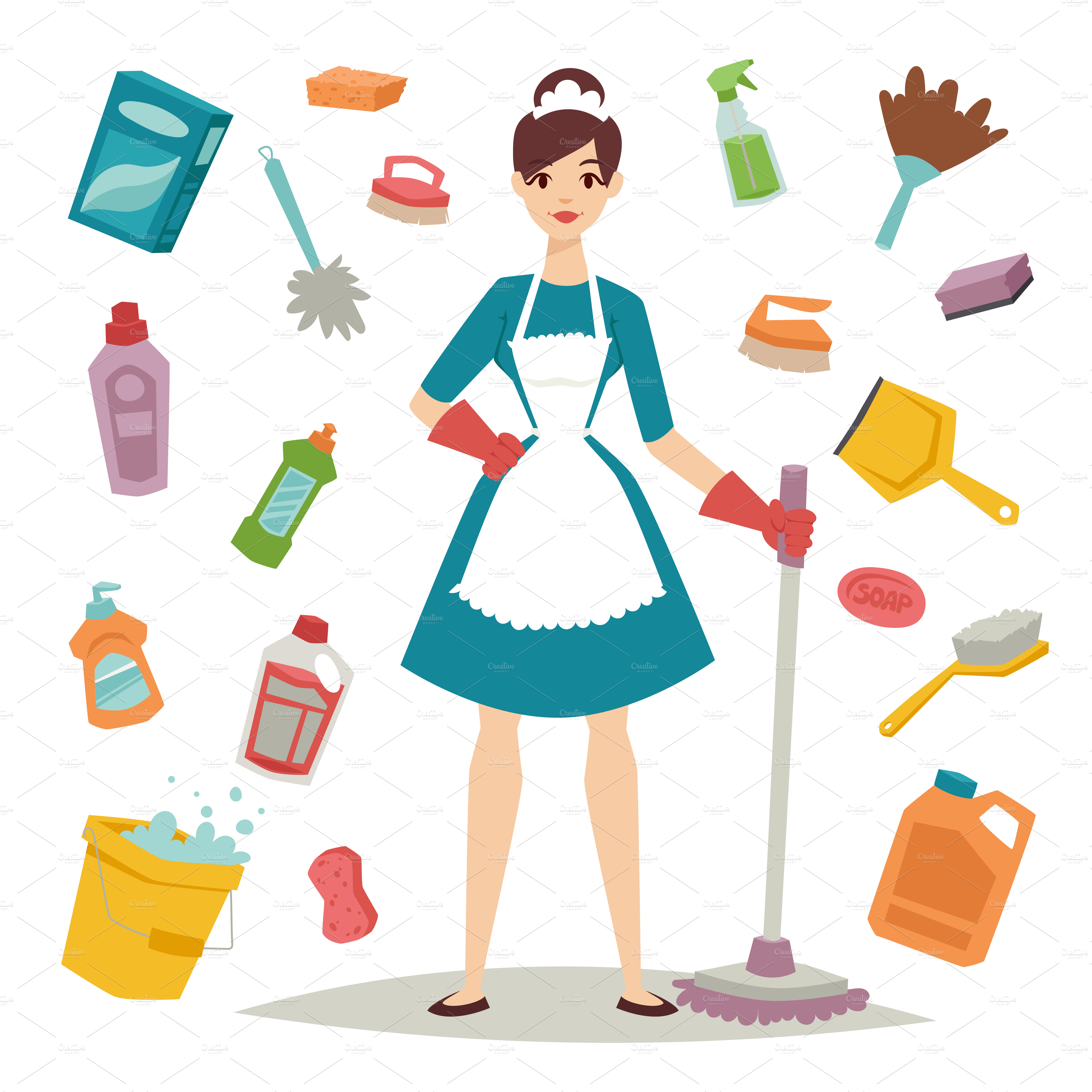 Housewife girl cleaning equipment ~ Illustrations ~ Creative Market
