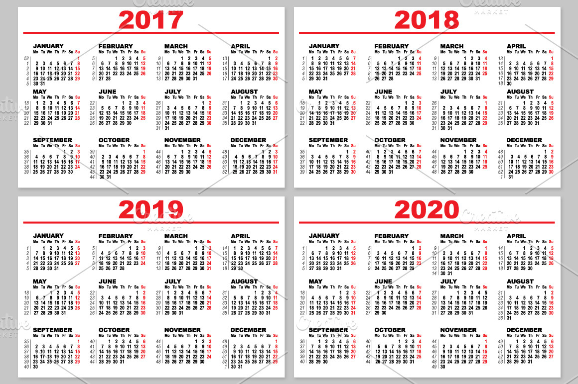 Set grid wall calendar for 2017-2020 ~ Illustrations ~ Creative Market