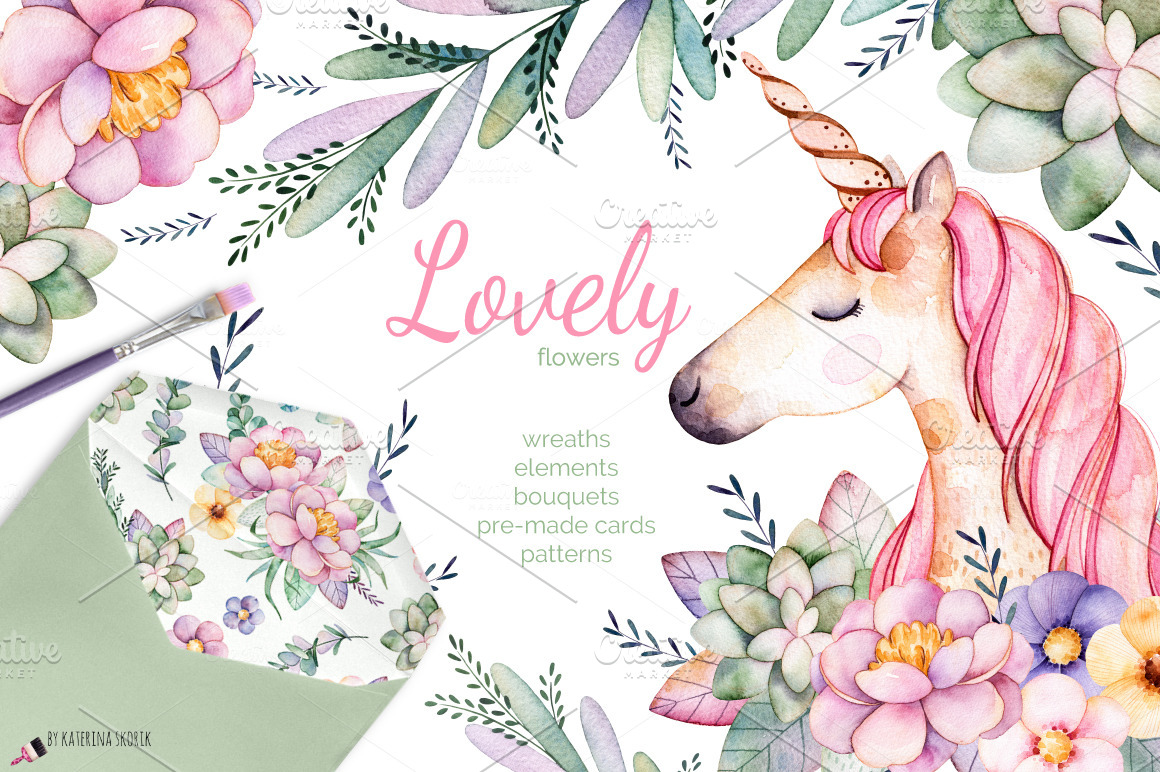 Lovely Flowers&Unicorn ~ Illustrations ~ Creative Market