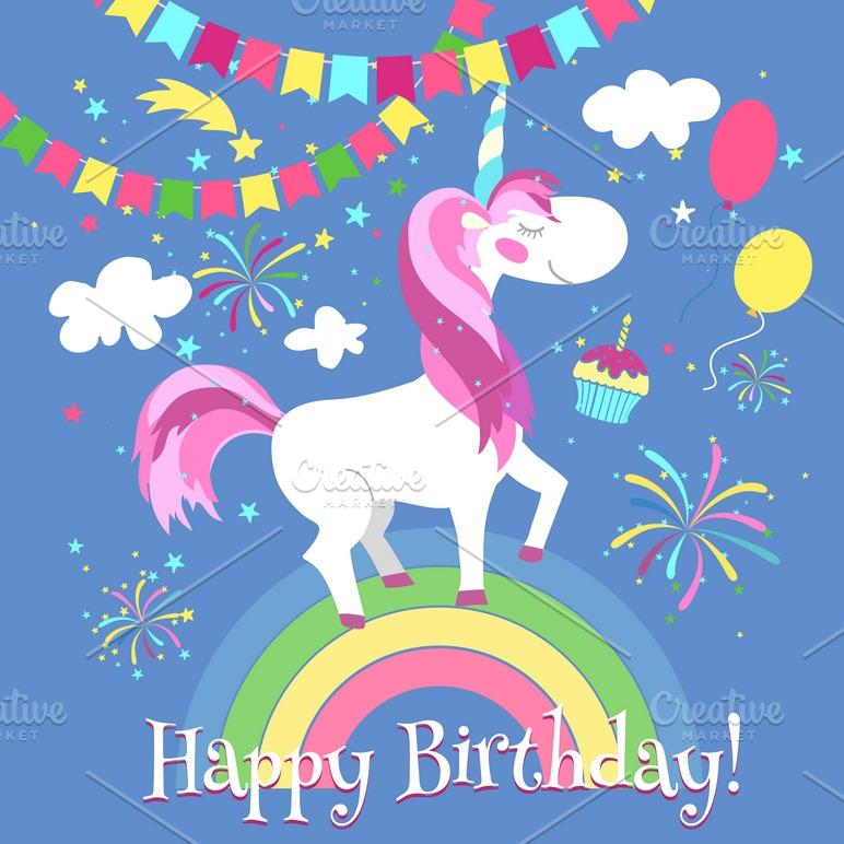 Happy birthday  card with unicorn  Illustrations 