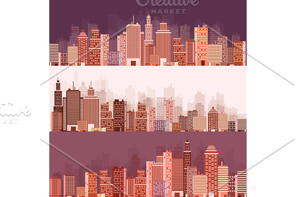 Vector Illustration Set Of City Silhouettes Cityscape Town Skyline Panorama Midtown Houses Skyscrapers