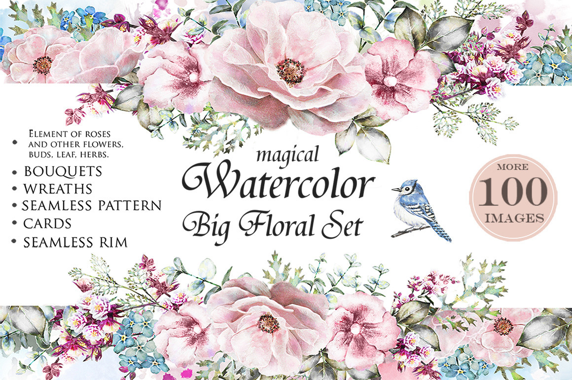 Watercolor floral design set. Flower ~ Illustrations ...