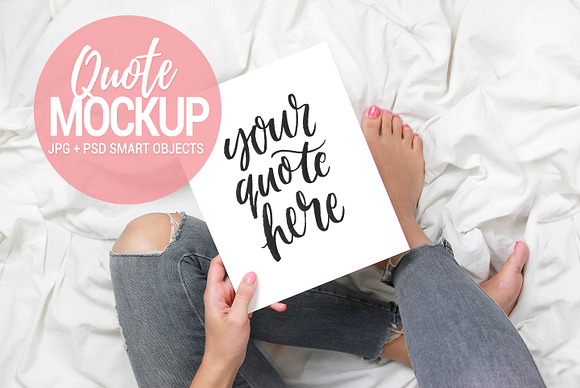 Download Quote mockup, pink hand held on bed