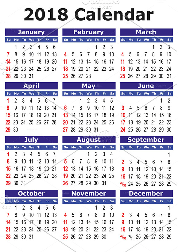 2018 calendar in english ~ Illustrations ~ Creative Market