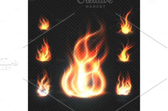 Realistic Orange And Red Fire Flames Fireballs Isolated On Transparent Background Vector Illustration