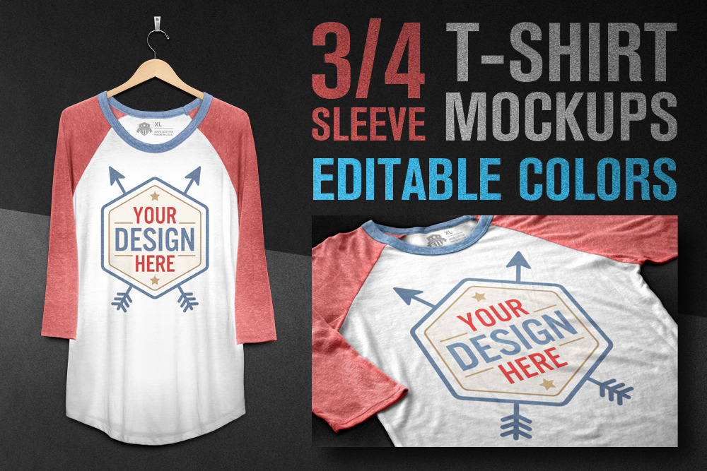 Download 3/4 Sleeve T-Shirt Mockups ~ Product Mockups ~ Creative Market