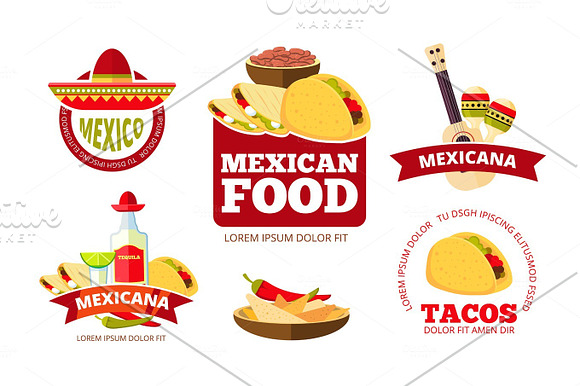 Vintage Mexican Restaurant Graphics Tacos Burrito Salsa And Nachos Vector Badges Labels Logos And Emblems