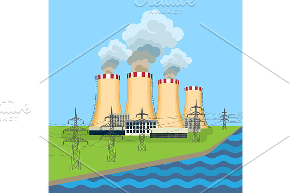 Working Nuclear Power Plant Near Tower Set Along Flowing River