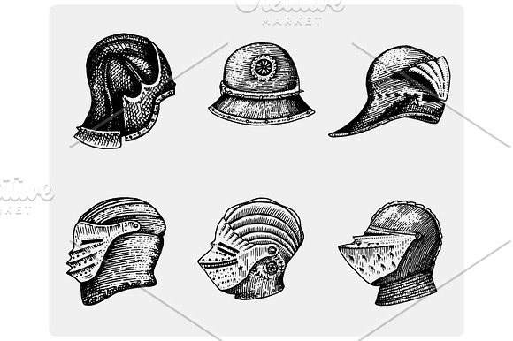 Set Of Medieval Symbols Battle Helmets For Knights Or Kings Vintage Engraved Hand Drawn In Sketch Or Wood Cut Style Old Looking Retro Roman