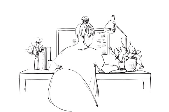 Sketch Of Girl At The Computer