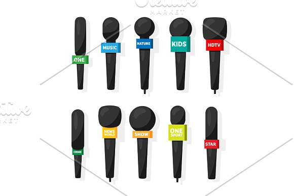 Microphone Reporter Equipment Mass Media Television Show Tv.Audio Conference Interview Broadcasting Communication Flat Style Studio Sound Or Music.Set