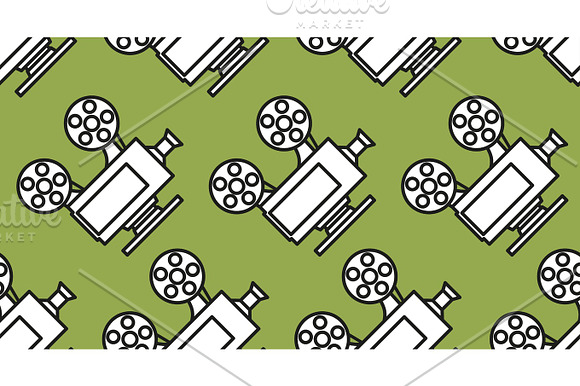 Movie Seamless Pattern With Cinema Camera Projector On Green Background