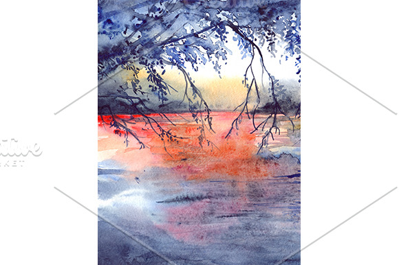 Watercolor Sunset River Landscape