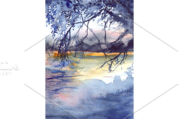 Watercolor Sunset River Landscape