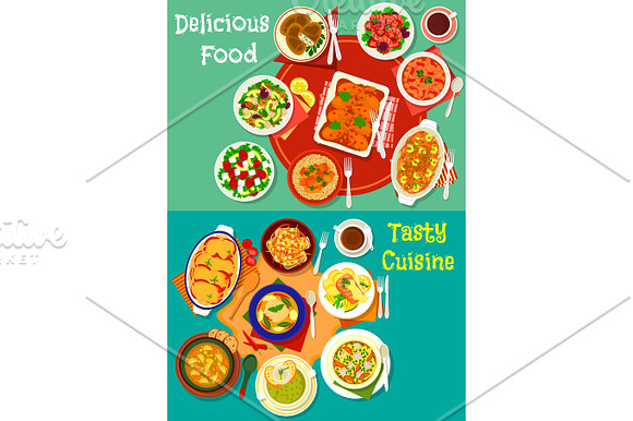 Healthy Food Dish Icon Set For Dinner Menu Design