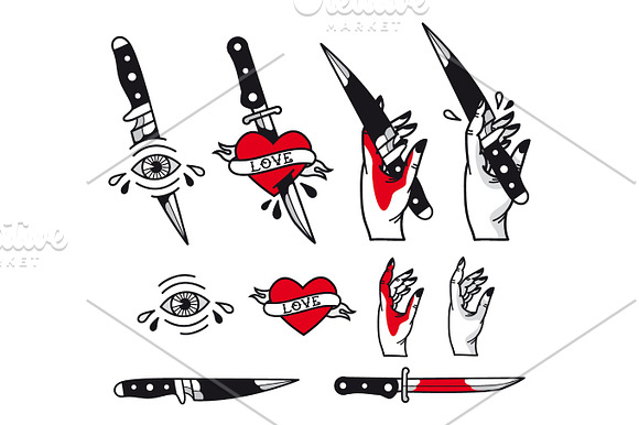 Vector Traditional Tattoo Style Set Hearts Knife Eye Hand Ribbons Vintage Ink Old School Tattooing