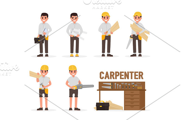 Carpenter Joiner Foreman Engineer And Woodworker Elements Collection With Various People Actions Vector Illustration In Flat Style