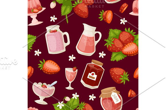 Confectionery Desserts Strawberry Pink Icon Set Delicious Raw Ripe Jam And Fresh Product Fruit Healthy Red Berry Seamless Pattern Vector Illustration