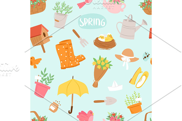 Spring Natural Floral Symbols With Blossom Gardening Tools Seamless Pattern Background