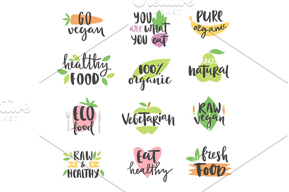 Hand Drawn Style Set Of Bio Organic Eco Healthy Food Labels Logo Templates And Vintage Vegan Elements In Green Color Badge Vector Illustration