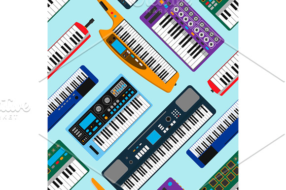 Synthesizer Piano Musical Equipment Seamless Pattern Vector Illustration