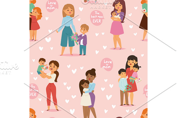 Mother And Children With Flower Bouquet Mothers And Womans Day Vector Seamless Pattern