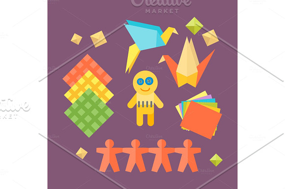 Themed Kids Origami Creativity Creation Symbols Poster In Flat Style With Artistic Objects For Children Art School Fest Unusual Toys Network Vector Illustration