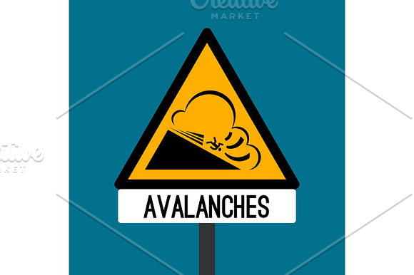 Road Sign Avalanches Snowslide Or Snowslip Rapid Flow Of Snow