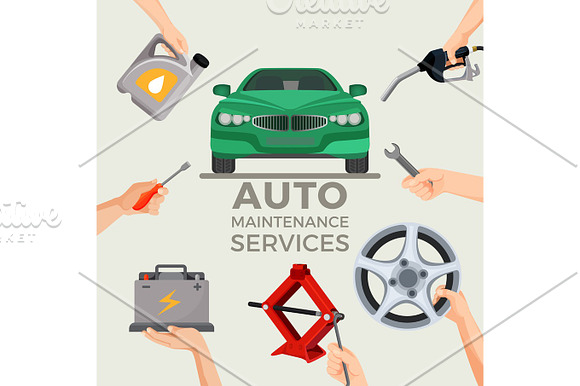 Auto Maintenance Services Set With Green Car In Picture Centre