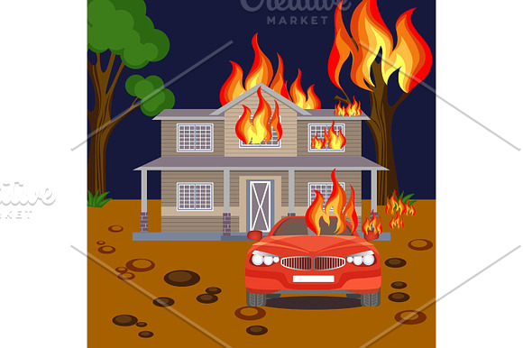 Fire Banner Reaistic Vector Burning House Red Automobile And Tree