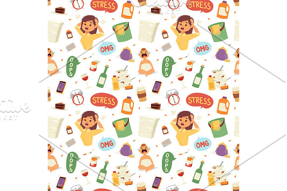Vector Illustration Of Funny Brunette Stressed Woman Seamless Pattern Vector