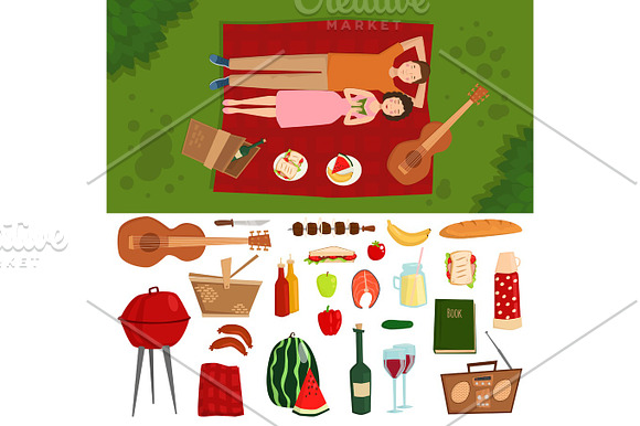 Top View Of Couple In Love Lying On Picnic Plaid Barbecue Outdoor Icons And Romantic Date People Cooking Summer Food Character Vector Illustration