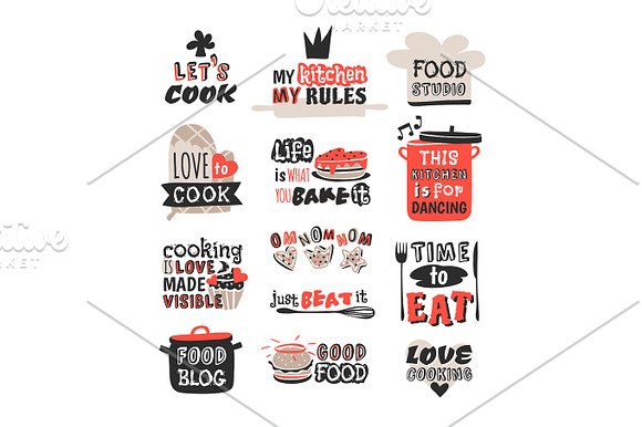 Food Logotype Restaurant Vintage Design Cooking Text Phrases Badge Element Label Icon And Hand Drawn Stamp Retro Template Vector Illustration