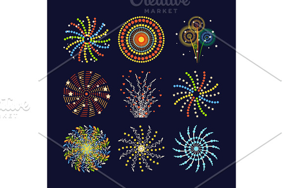 Firework Different Shapes Colorful Festive And Bright Carnival Or Birthday Design For Brochures Poster Wrapping Paper Greeting Card Vector Illustration