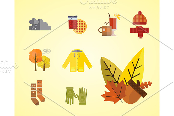 Collection Of Autumn Clothes Set Items The Fall Acorn Leaves Tree Hat Scarf Gloves Coat Raincoat Parka Socks Boots Mulled Wine Vector Illustration