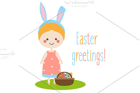 Easter Greetings Card With Cute Girl