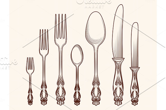 Vintage Kitchen Cutlery Objects Sketch