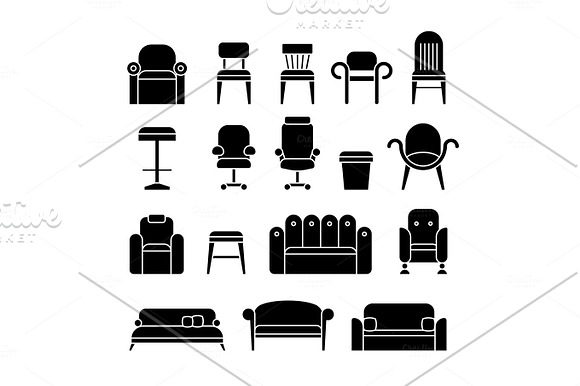 Office Hair Armchair Lounge Comfortable Sofa Couch Furniture Vector Icons