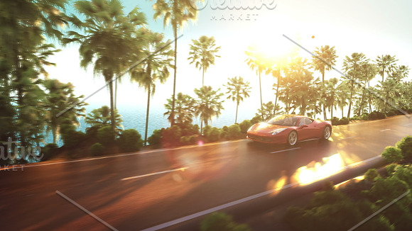 Sports Car Driving On A Mountain Road Over The Ocean 3D Illustration