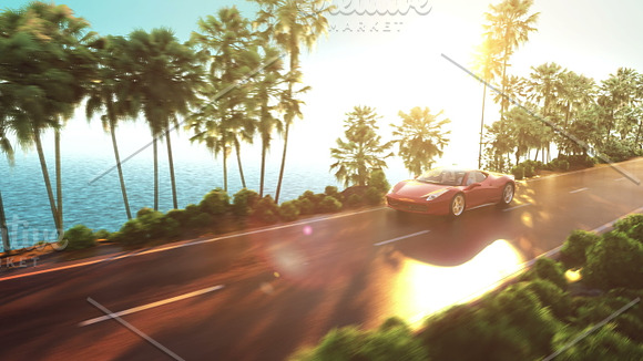Sports Car Driving On A Mountain Road Over The Ocean 3D Illustration
