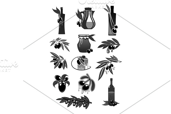 Olives Olive Oil Bottles And Pitchers Vector Icons