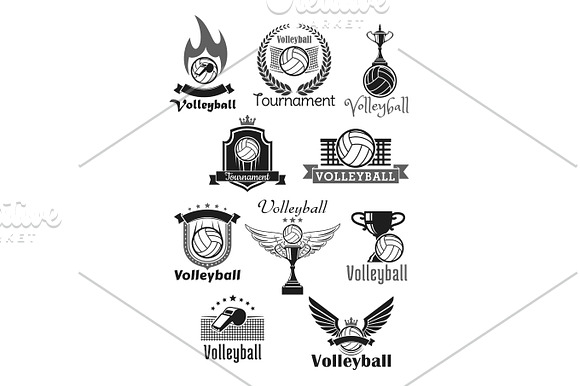 Volleyball Tournament Sport Club Vector Icons Set
