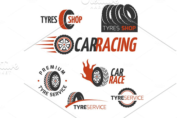 Automobile Rubber Tire Shop Car Wheel Racing Vector Logos And Labels Set