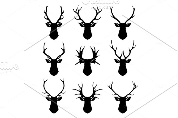 Deer Horns Reindeer Heads Vector Silhouettes Set
