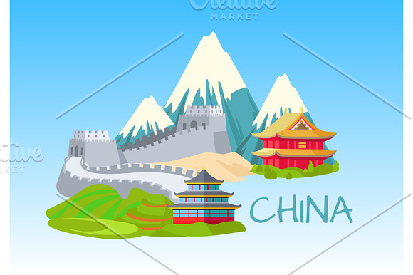 China Sightseeing Elements For Visiting On Blue