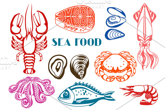Various Seafood Set Illustration Of Fish Shellfish And Crustaceans